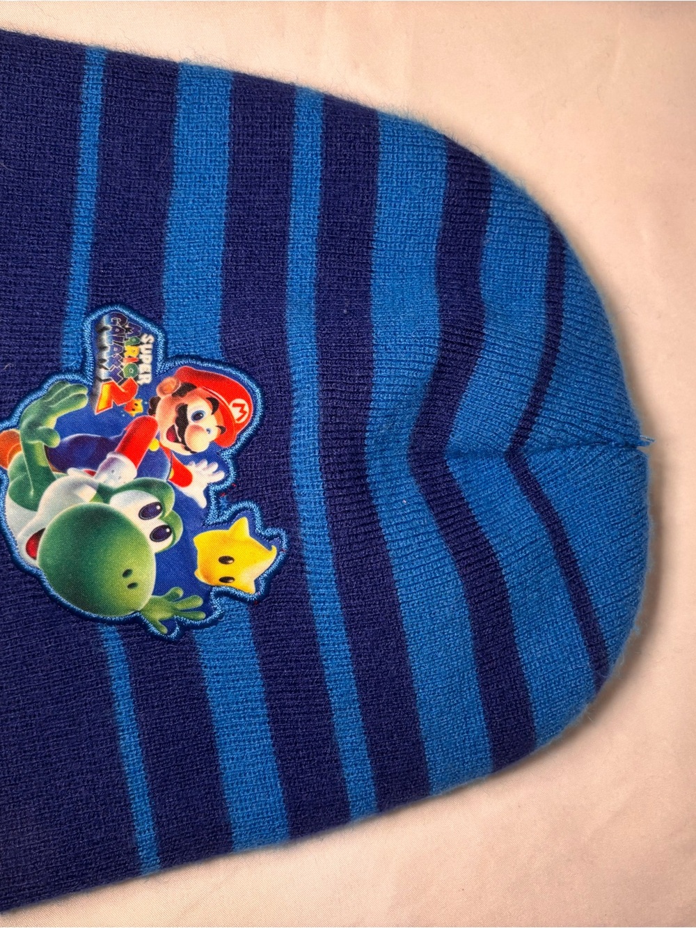 Source Unknown Blue Striped Kids Beanie with Mario & Yoshi Patch